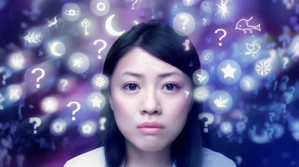 夢占いに依存し、不安やストレスで悩んでいる人のイラスト。