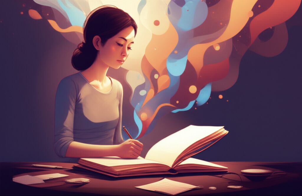 夢の内容から自分の心理状態を読み解き、自己理解を深める人のイラスト。