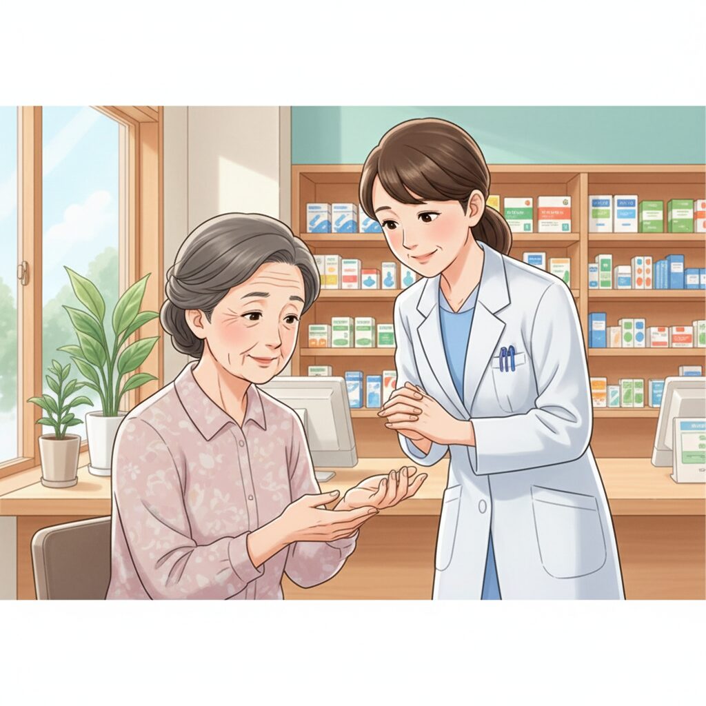 薬局の窓口で、優しい表情の日本人薬剤師が、手のひらを見つめて不安を打ち明ける高齢の日本人女性患者の話に耳を傾けている様子。安心感が伝わる雰囲気。