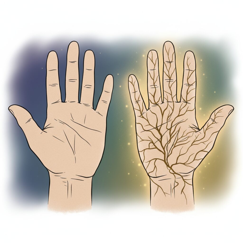 シンプルで素朴な左手の手相と、より複雑で多くの線が刻まれた右手の手相を並べたイラスト。人生の変化と成長の証を表す。