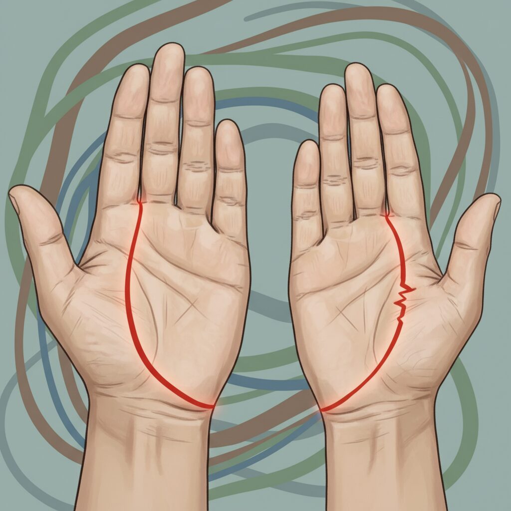 長く力強い生命線を持つ左手の掌と、短く薄い生命線を持つ右手の掌の比較図。先天的な体力と現在の健康状態の違いを表現。