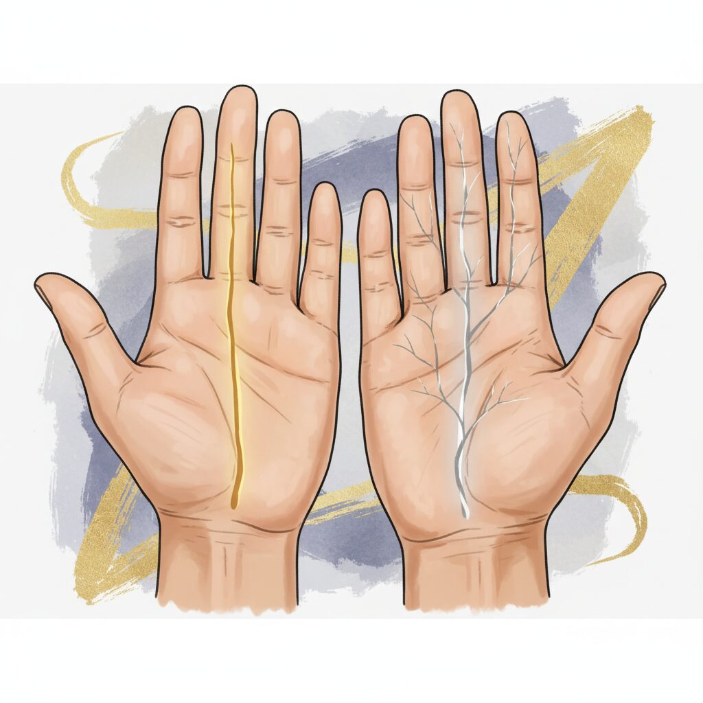 明確な運命線を持つ左手の掌と、薄いまたは枝分かれした運命線を持つ右手の掌の比較図。生まれ持った運命と現在の人生の進路の違いを示す。