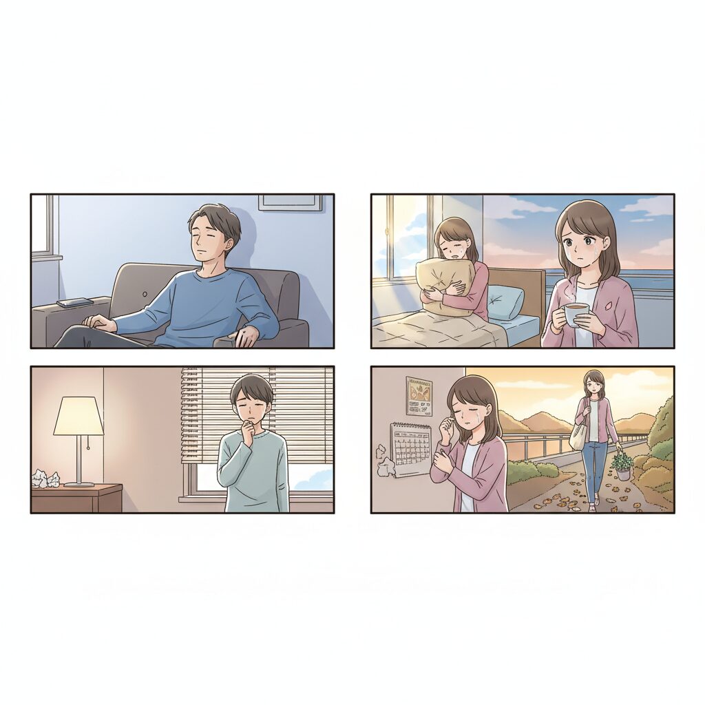 別れた後の男性と女性の心理の変化を示すイラスト。男性は安堵から物足りなさを感じ、女性は悲しみから自己を見つめ直す様子を表現しています。