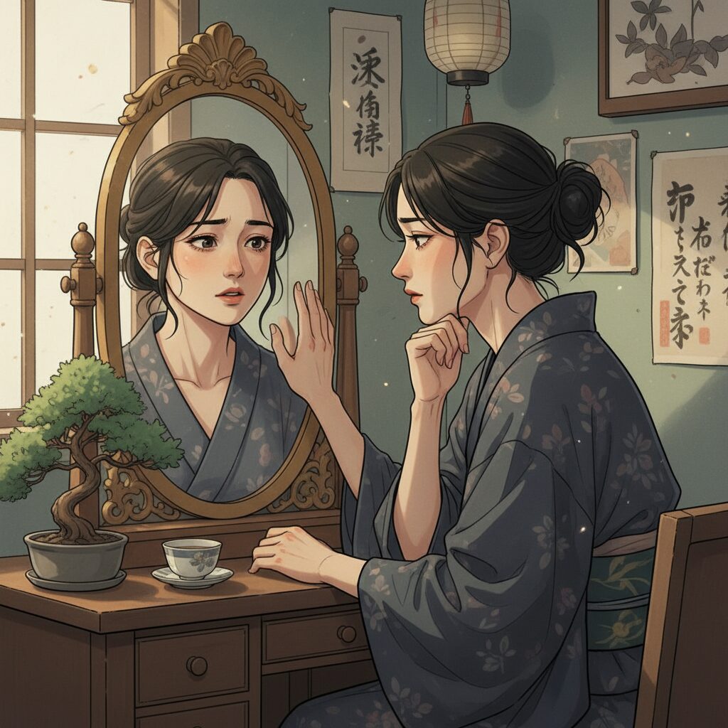 鏡に映る自分を見つめ、復縁について深く自問自答している日本人女性のイラスト。自己の感情や未来について真剣に考える内省的な様子を表しています。