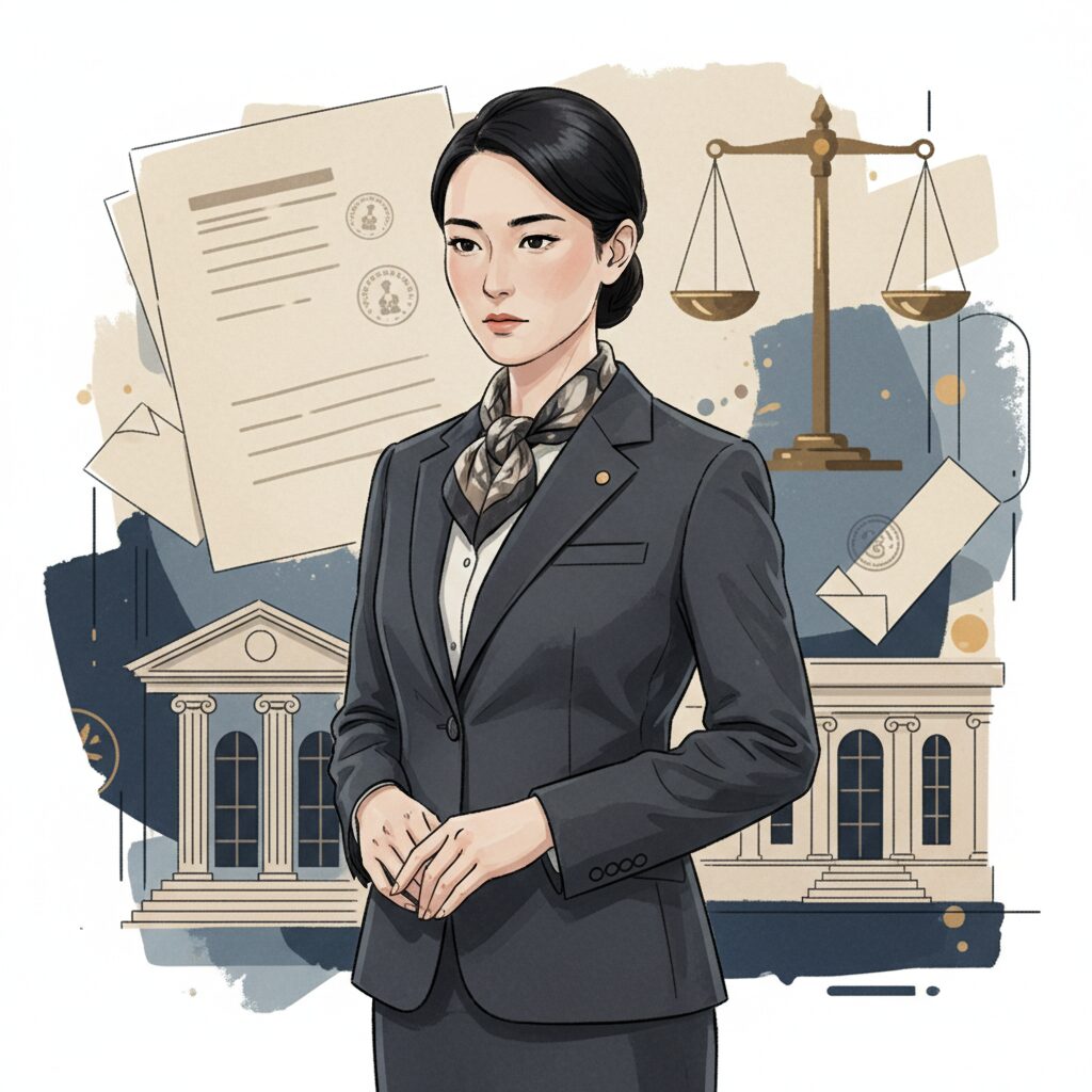 法的リスクと向き合う日本人女性のイラスト。慰謝料請求や調停といった可能性を意識し、厳しい現実と覚悟を表現しています。