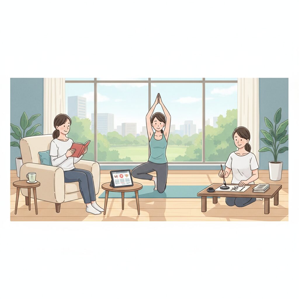 彼と会えない時間に自分を磨き、内面ケアをしている日本人女性のイラスト。読書や学習、ヨガなどを通じて自信を育むポジティブな姿を描いています。