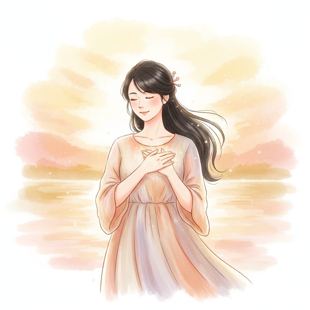 自分の胸に手を当て、自分自身の幸せを一番に考える日本人女性のイラスト。自己愛と心の穏やかさを大切にするメッセージを表現しています。