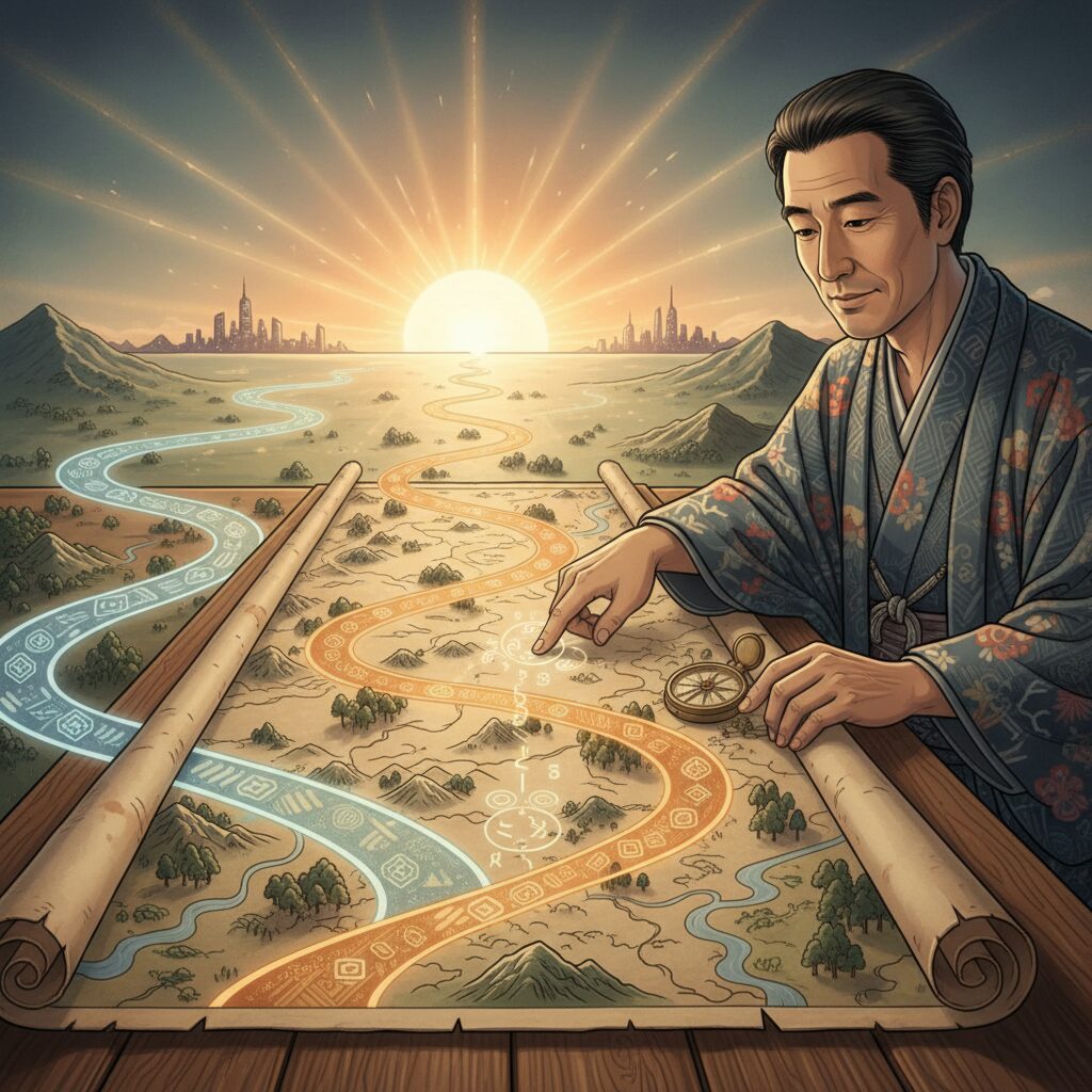 数秘術の概念を表現した、過去・現在・未来へと続く人生の地図を指でたどる日本人のイラスト。