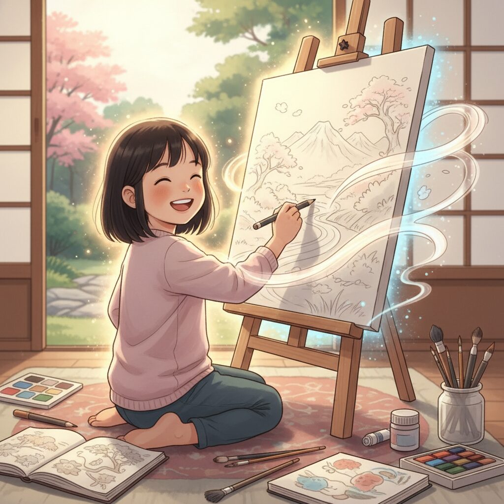 生まれ持った才能を表現する、無邪気に絵を描く子供やブロック遊びに夢中な子供のイラスト。