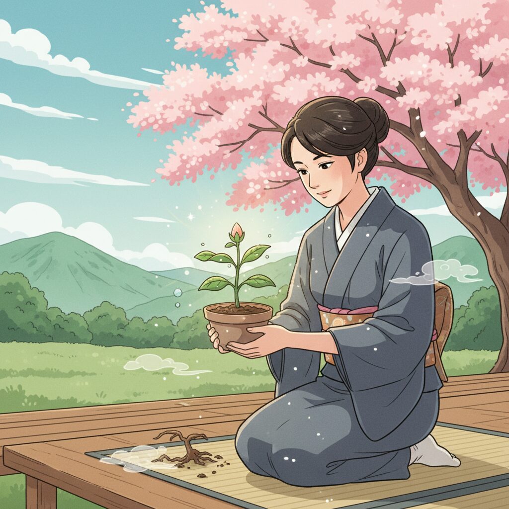 今世の使命を表現する、小さな芽を大切に育て、成長を見守る日本人のイラスト。