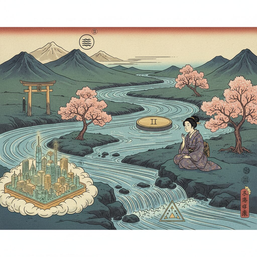 数秘術における過去・現在・未来の3つの数字が一本の川のように繋がる人生のストーリーを表現したイラスト。