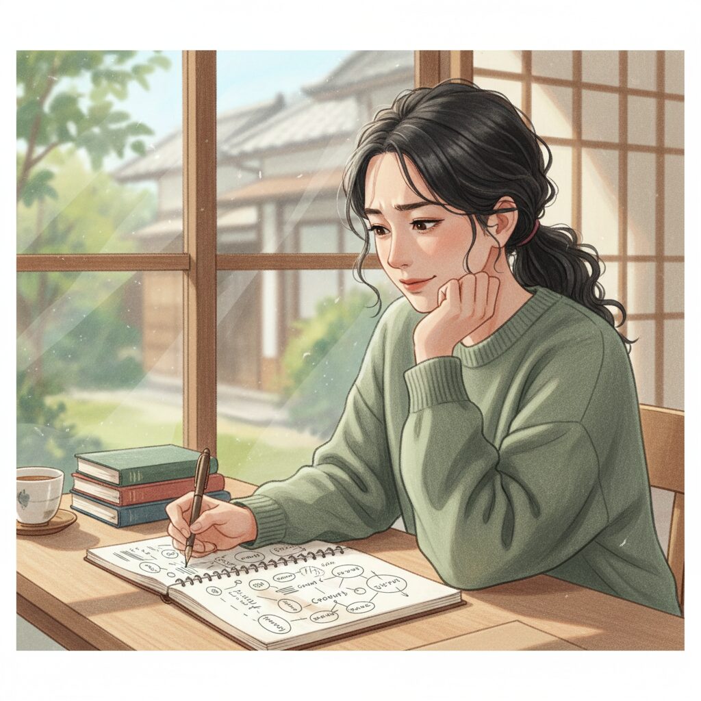 数秘術の数字とキーワードを見ながら、自分についてじっくりと考える日本人のイラスト。