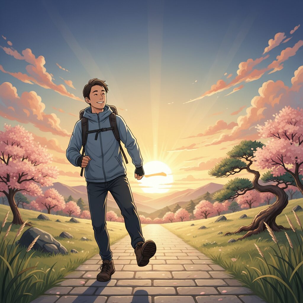 2026年の新しい始まりと希望を象徴する、夜明けの道を一歩踏み出す日本人のイラスト。