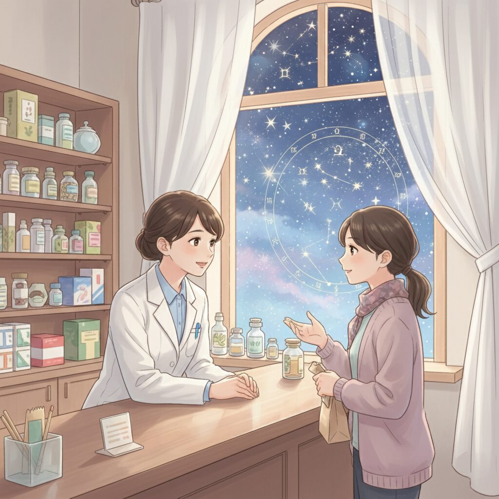 薬局で薬剤師が患者の星座占いに関する悩みを聞いているイラスト。夜空の星が背景に見え、温かい雰囲気を醸し出しています。
