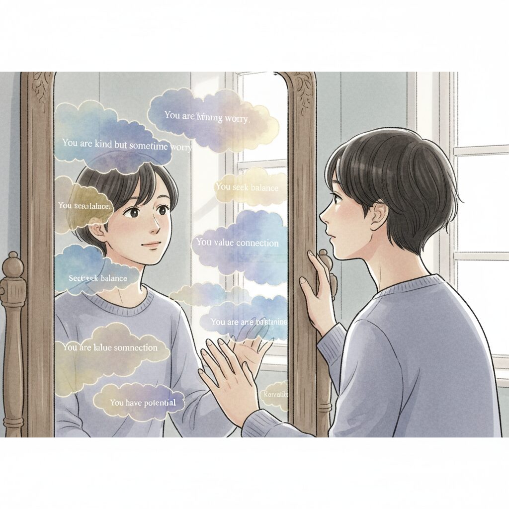 日本人が鏡を見て、そこに曖昧な性格描写が映し出され、それが自分に当てはまると感じる「バーナム効果」を表現したイラスト。占いが当たる心理を視覚化しています。