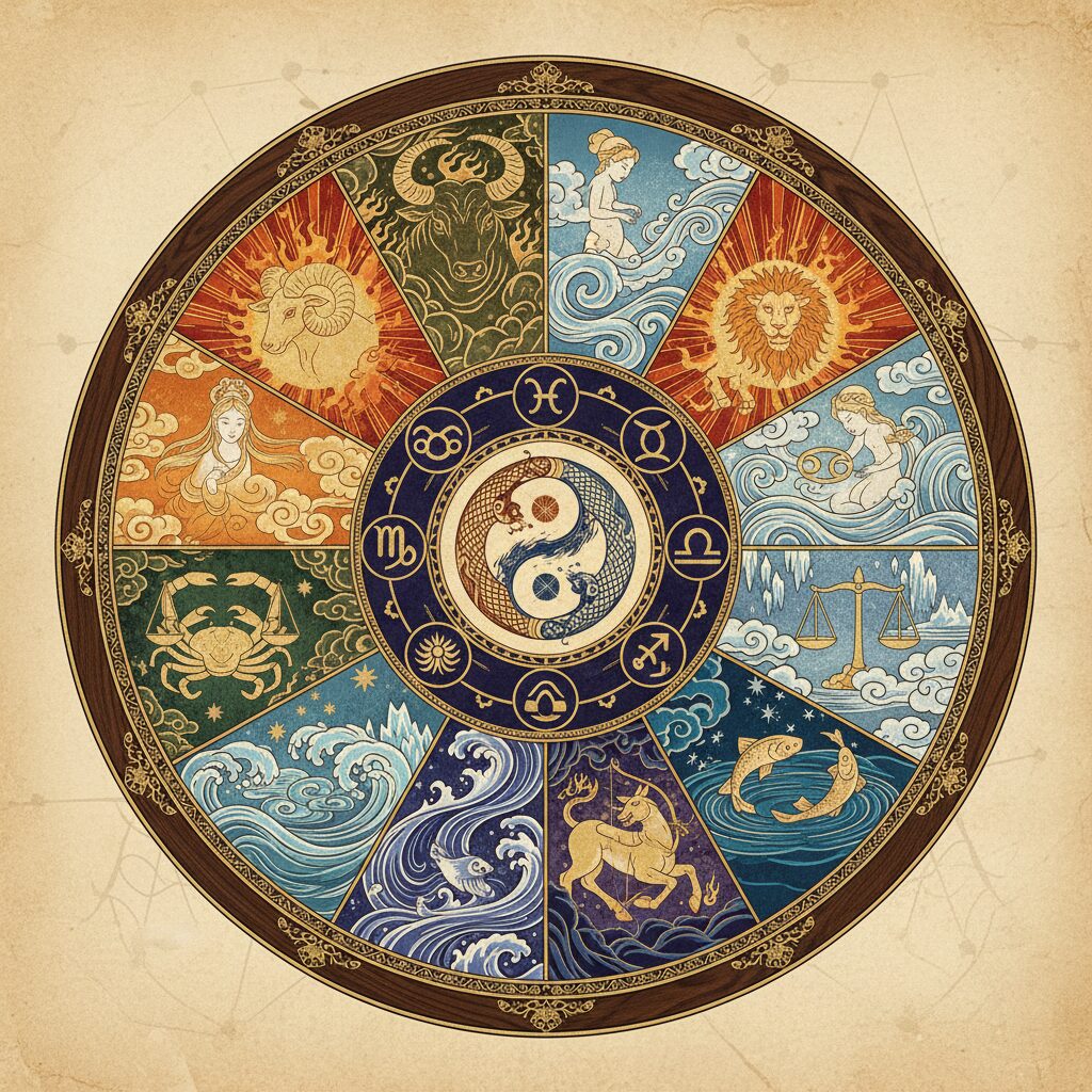 12星座を火、地、風、水の4元素で分類し、それぞれの特徴を象徴的に配置した星座の円環イラスト。各星座の性格とキーワードを視覚的に表現。