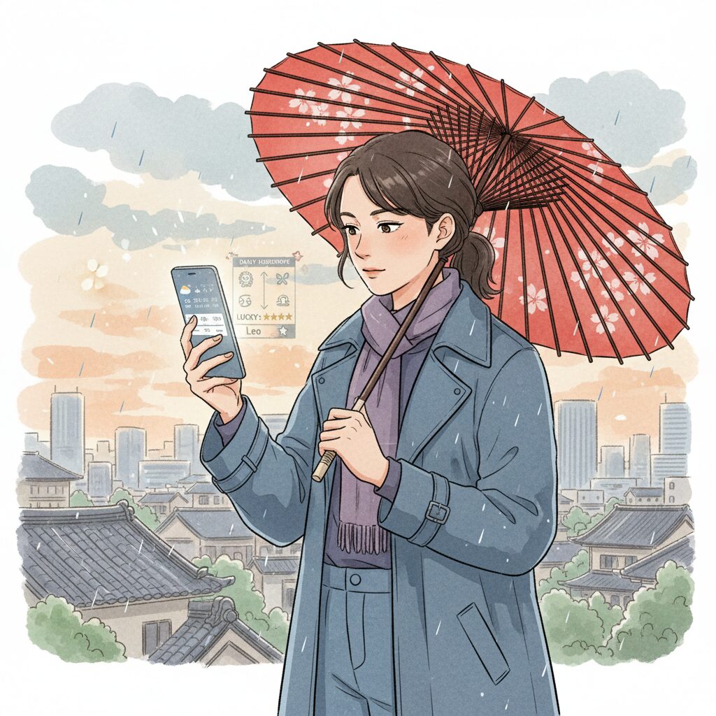 日本人がスマートフォンで天気予報と星占いをチェックし、傘を持って準備しているイラスト。占いを天気予報のように賢く活用する様子を表します。