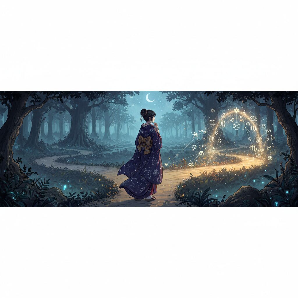 道の岐路に立つ日本人が、占いの示唆をヒントに、様々な選択肢の中から自分に合った道を見つけようとしているイラスト。悩みを解決するための占いの使い方を表現。