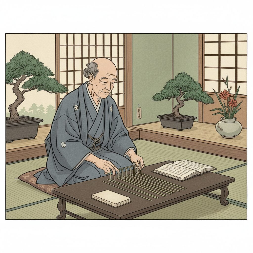 厳かな雰囲気の中で、たくさんの竹ひご（筮竹）を使って易占いの儀式を行う日本人