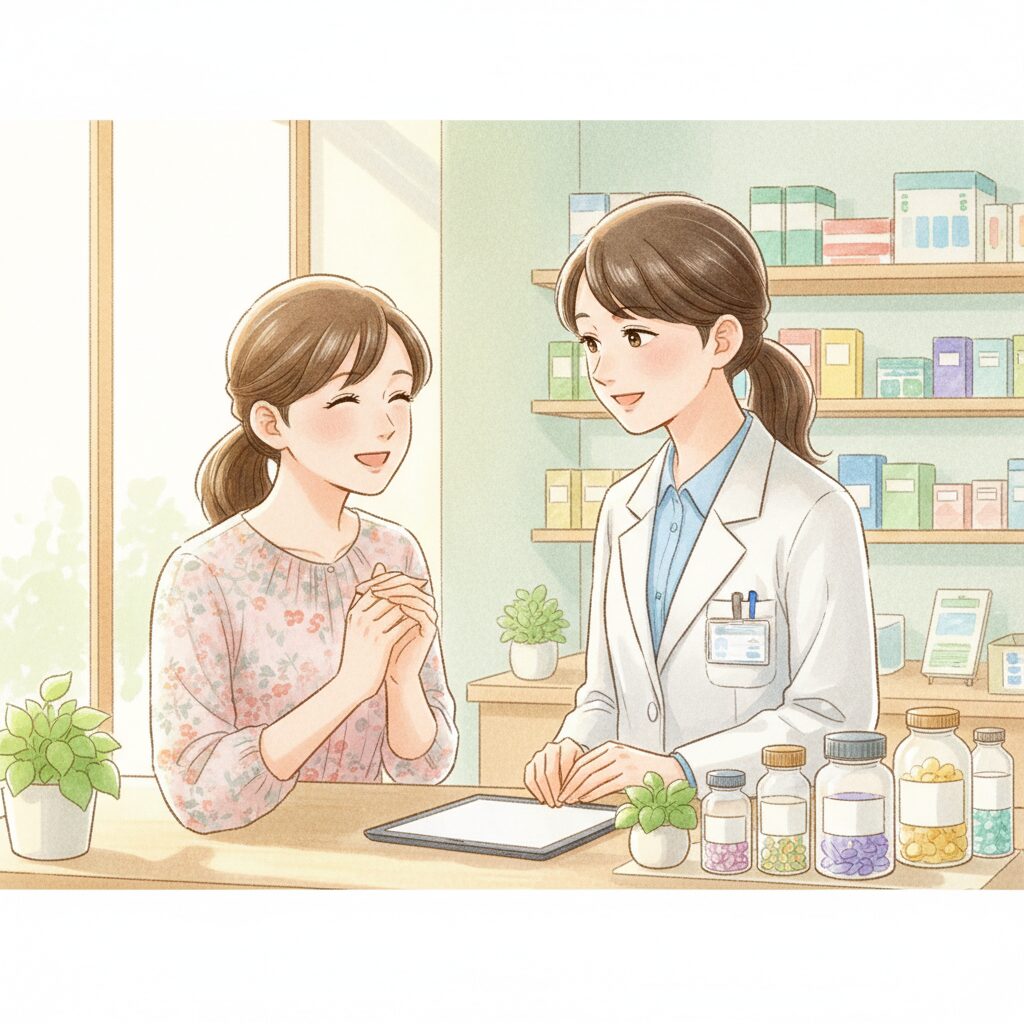 薬局のカウンターで薬剤師の女性が患者の女性の悩みを優しく聞き、患者が笑顔を見せている場面のイラスト。