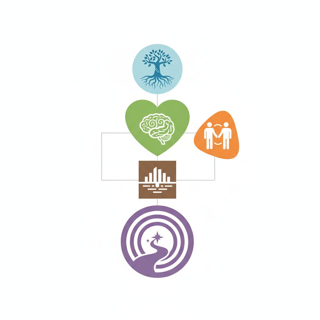 姓名判断の五格（天格、人格、地格、外格、総格）とその意味を分かりやすく図解した抽象的なイラスト。