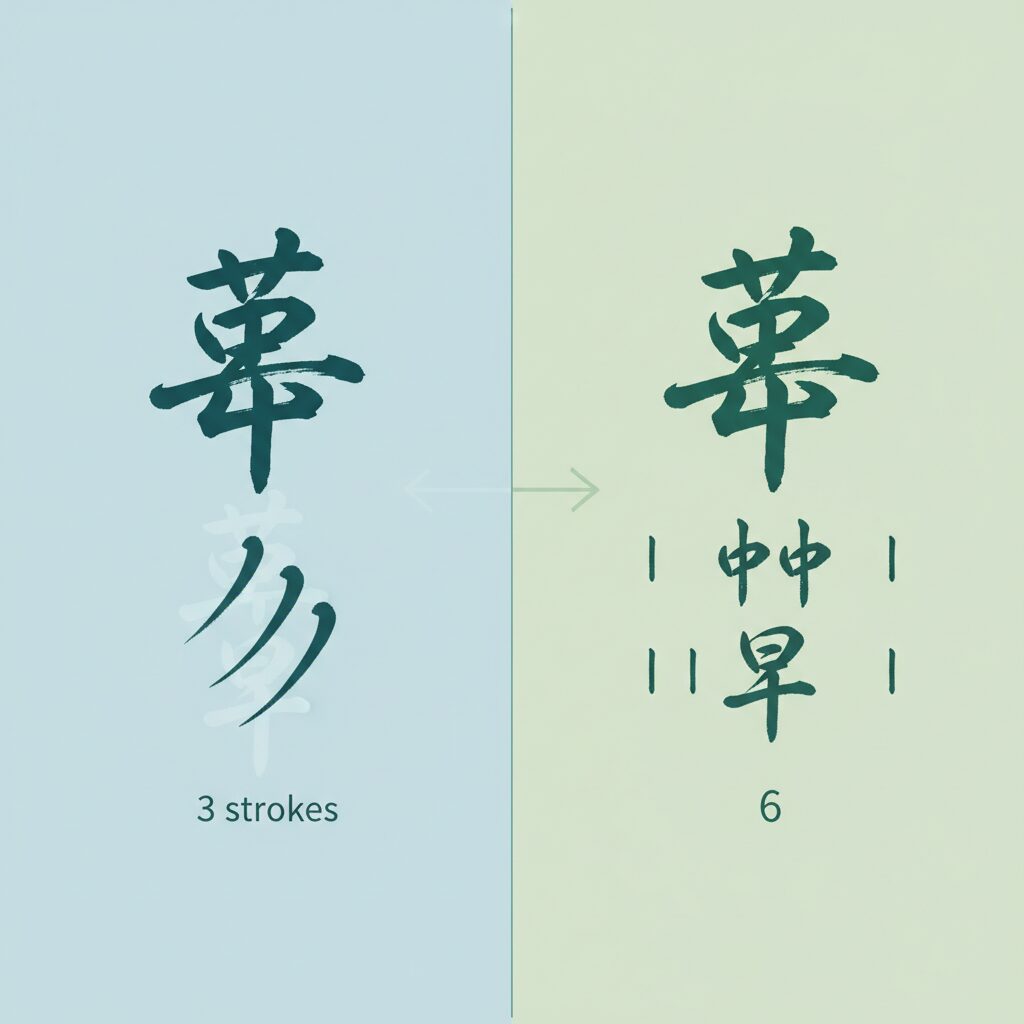 姓名判断における画数の数え方（新字体と旧字体）の違いを、「草」の漢字を例に比較したイラスト。