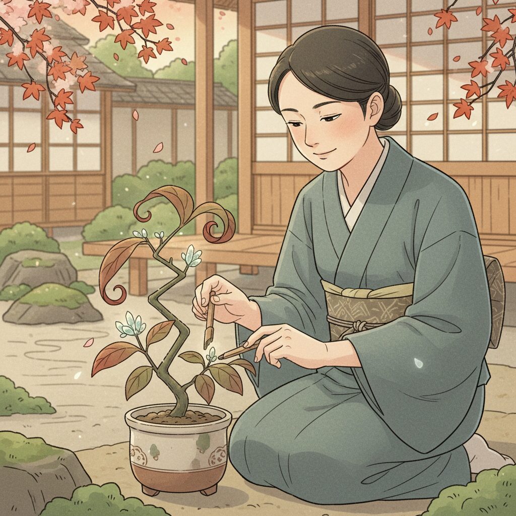 姓名判断の「凶」を個性として受け入れ、大切に育むような優しさで植物に触れる日本人のイラスト。