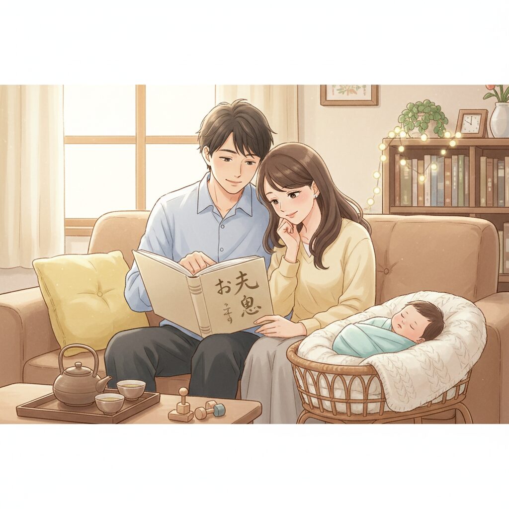 赤ちゃんのために愛情を込めて名前を選ぶ日本の両親が、眠る赤ちゃんを見つめている温かいイラスト。