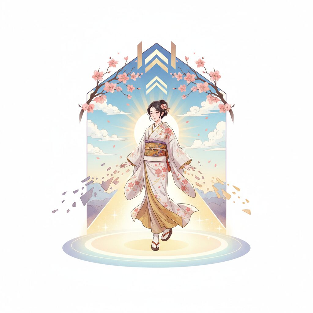 結婚や改名といった人生の転機を迎え、希望に満ちた表情で新しい道を歩み出す日本人女性のイラスト。