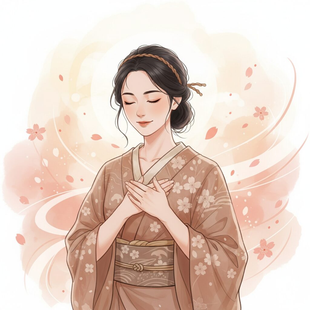 自分の名前とアイデンティティを心から受け入れ、穏やかな笑顔を浮かべる日本人のイラスト。自己肯定感を表現。