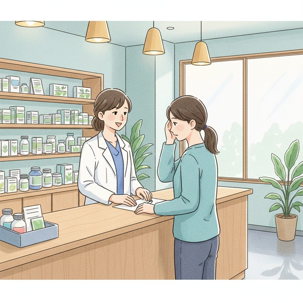 白衣を着て温かく微笑む女性薬剤師が、薬局のカウンター越しに少し疲れた様子の女性患者の悩みを聞いているイラスト。信頼性と専門性を表現。