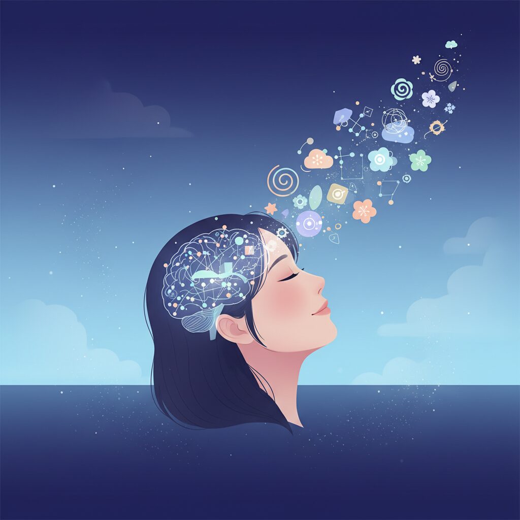 眠っているアジア人女性の頭の中から、情報整理を示す抽象的な夢のイメージが静かに浮かび上がっているイラスト。夢の心理学的な側面を表現。