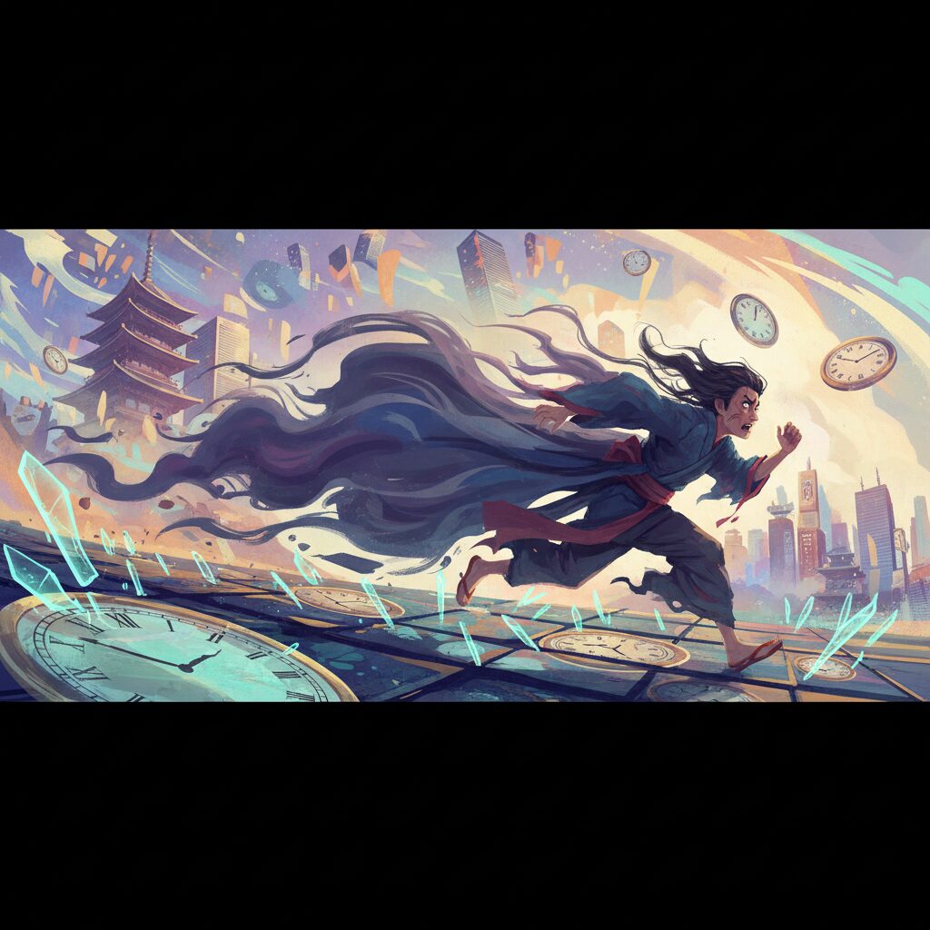 夢の中で漠然とした影のようなものに追われ、不安そうに逃げるアジア人女性のイラスト。プレッシャーや切迫感を視覚化。