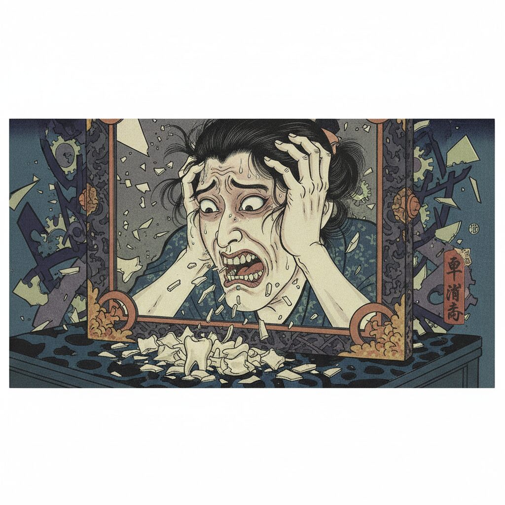 鏡の前で自分の歯がボロボロと抜け落ちる夢を見て、ストレスと不安を感じているアジア人女性のイラスト。