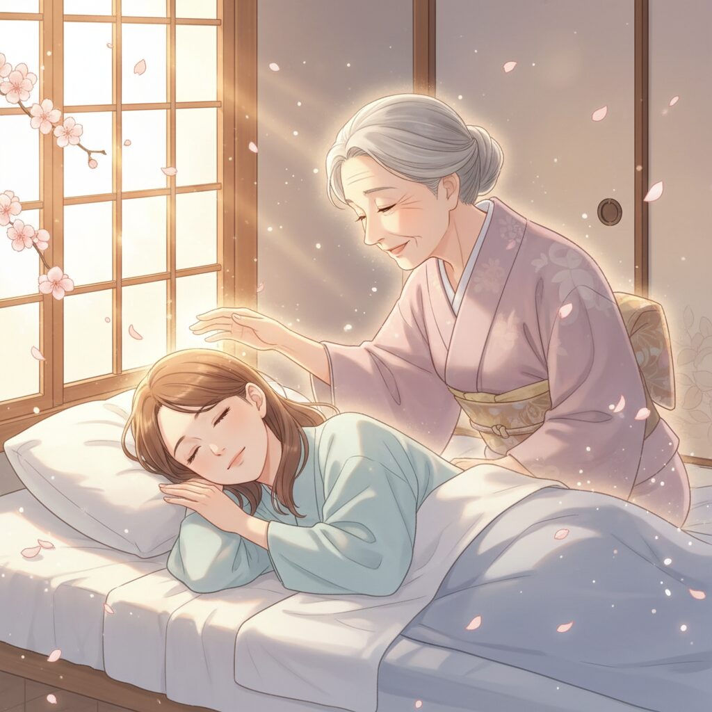 穏やかな表情で眠るアジア人女性の夢の中に、優しく見守る故人(高齢のアジア人女性)の姿が半透明に浮かび上がっているイラスト。心の交流と癒やしを表現。