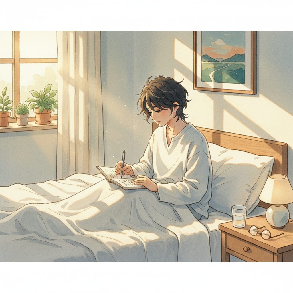 部屋に朝の光が差し込む中、ベッドで目覚めたばかりのアジア人女性が、枕元のノートに夢の内容を書き留めているイラスト。夢日記の実践的なイメージ。