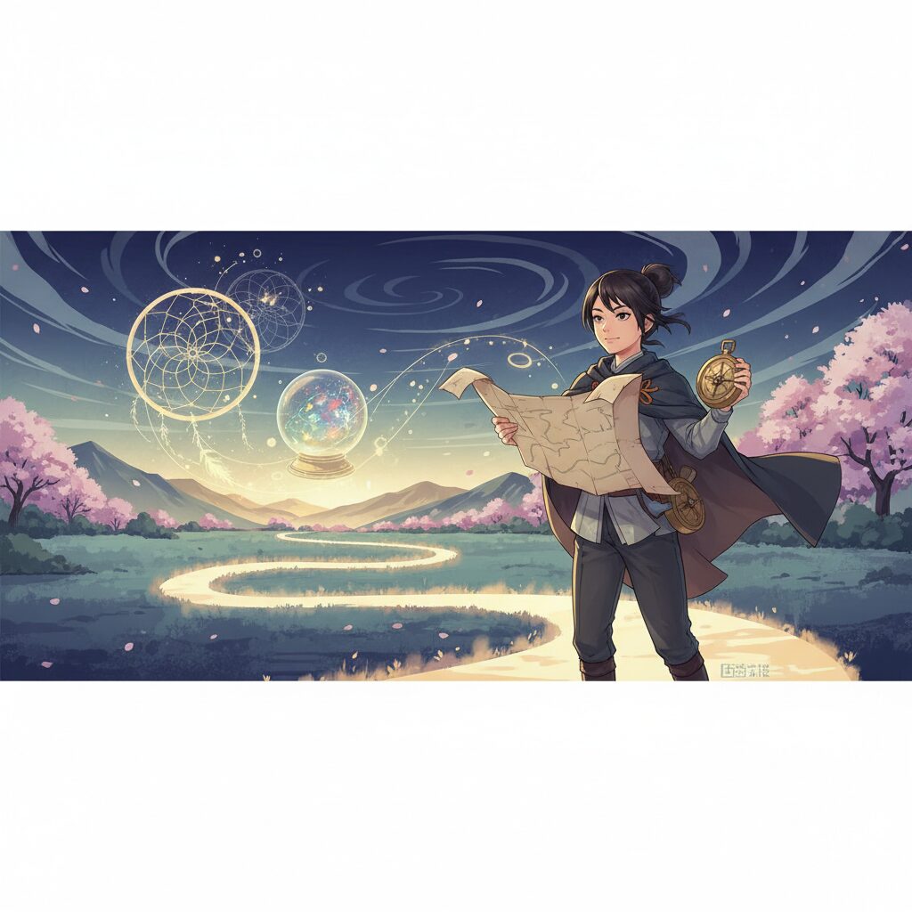 夢占いのシンボルが描かれた地図やコンパスを手に、自信を持って自身の人生の道を歩むアジア人女性のイラスト。夢に依存せず主体的に生きる姿勢を表現。