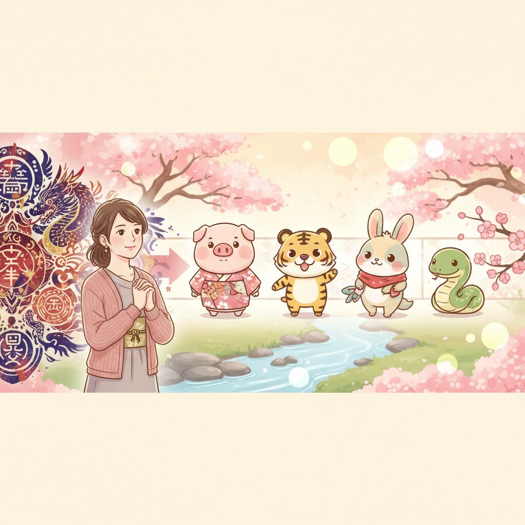 難解な東洋の占いが、親しみやすい動物キャラクターに変化していく様子を眺める日本人女性のイラスト。動物占いの成り立ちと、個性心理学の専門性を視覚的に表現しています。