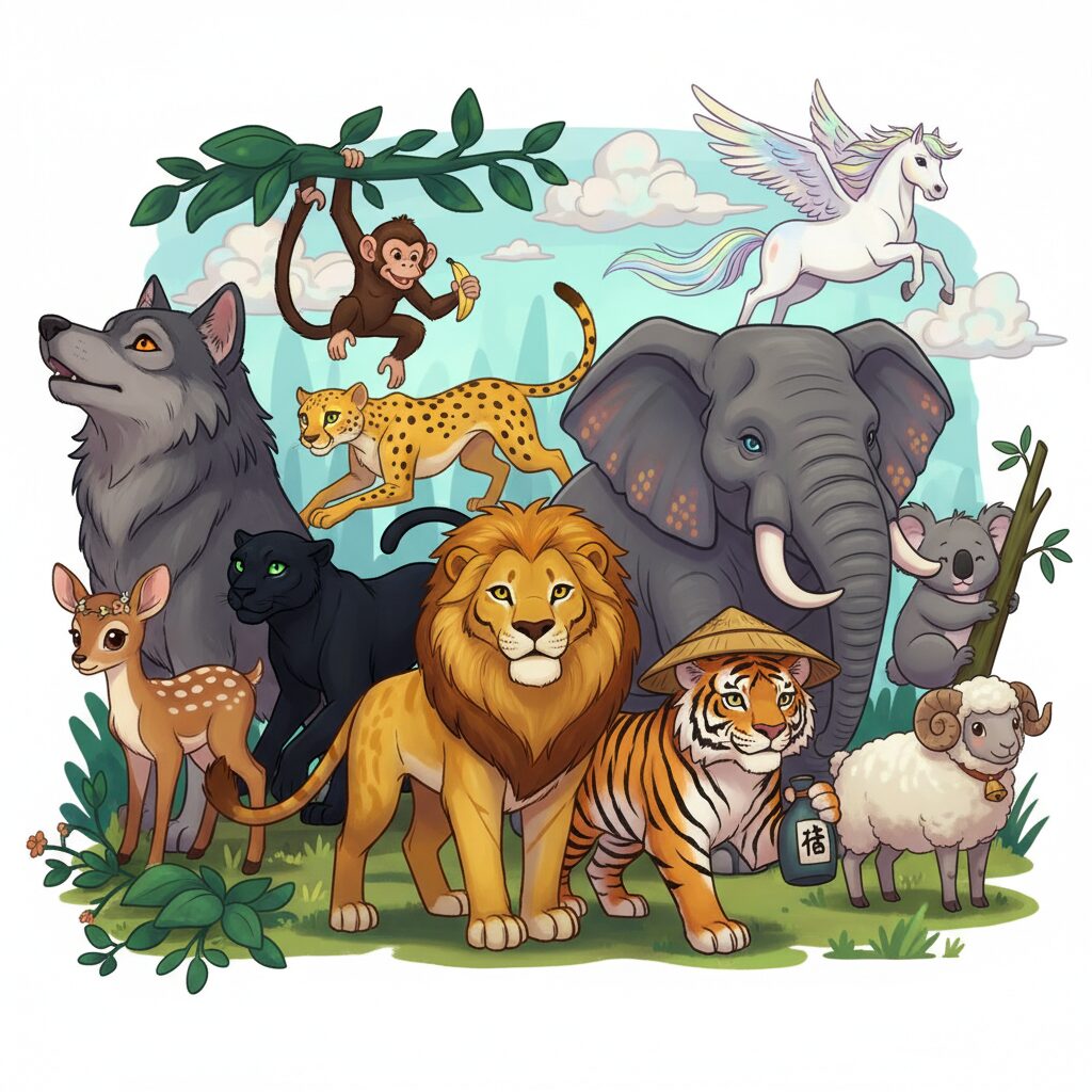 狼、こじか、猿、チータ、黒ひょう、ライオンなど、12種類の個性豊かな動物キャラクターが集合したイラスト。動物占いの種類とその特徴を一覧で示しています。