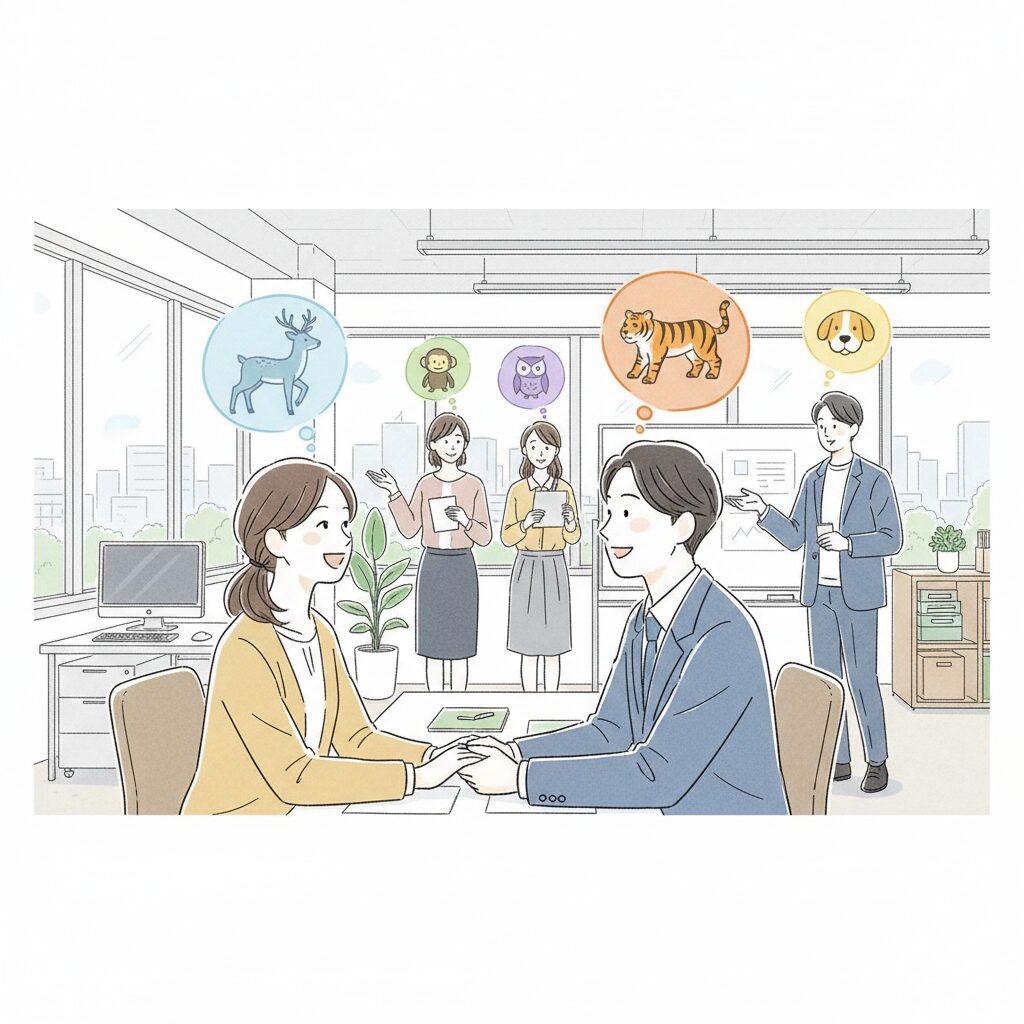 恋愛や仕事の場面で、動物占いのタイプを理解し合う日本人カップルと職場の同僚のイラスト。人間関係におけるコミュニケーション改善と、動物占いの活用法を表現しています。