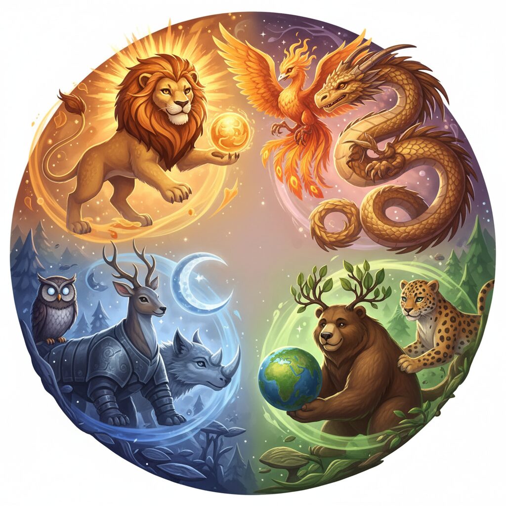 動物占いの「太陽」「月」「地球」3つのグループの動物たちが、じゃんけんのような力関係で互いに影響し合うイラスト。動物同士の相性と人間関係の活かし方を視覚的に表現しています。