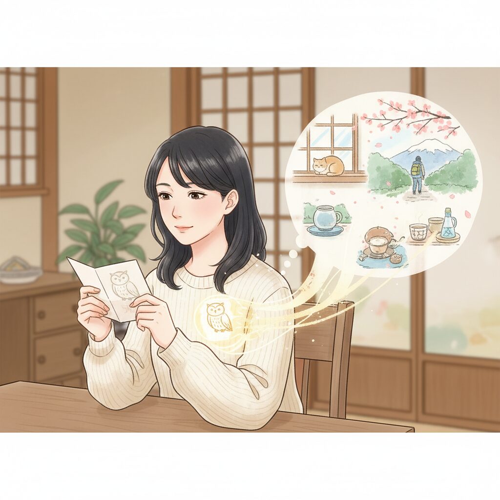 動物占いの結果を読み、自分の心や経験と一致していることに気づき、納得している日本人女性のイラスト。バーナム効果や自己認識といった心理学的な視点から、占いが「当たる」理由を表現しています。