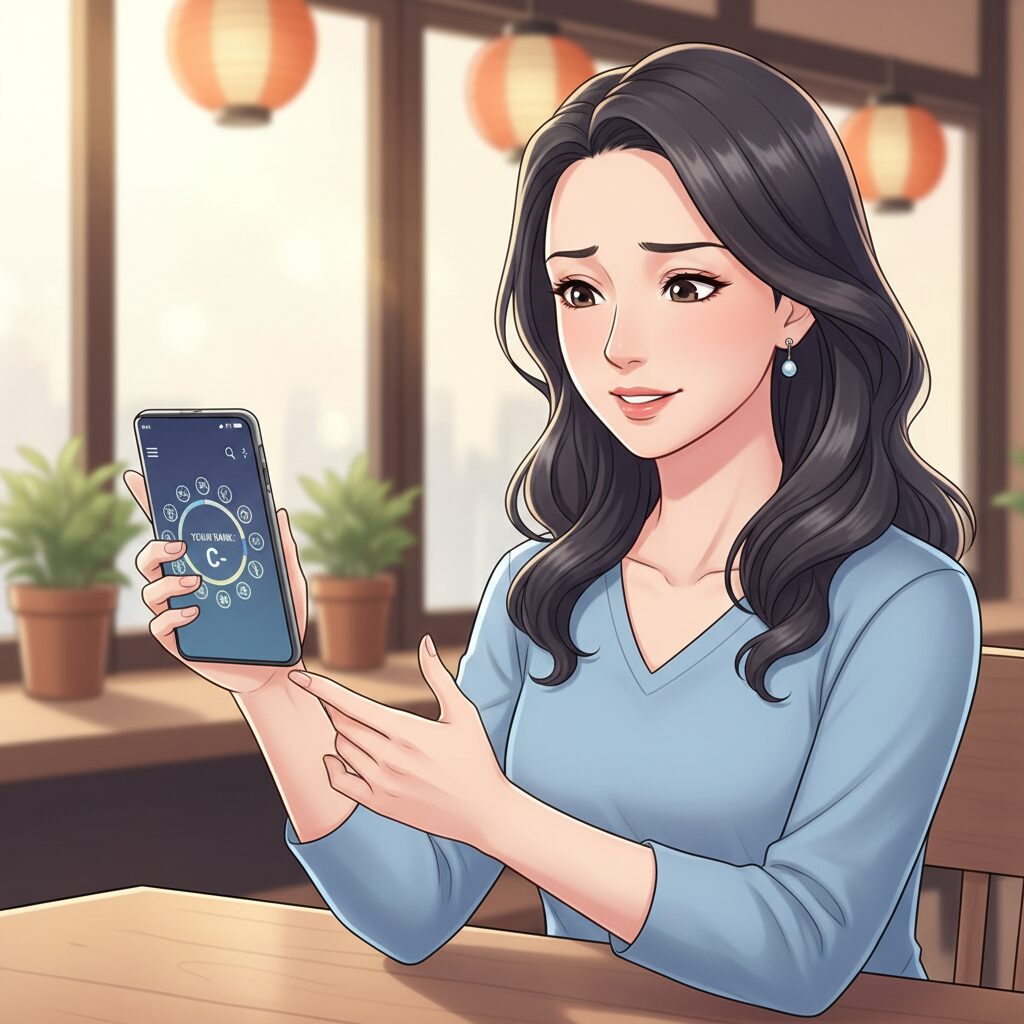 占いの運勢ランキングを見て、一時は少し落ち込むも、すぐに気持ちを切り替えてポジティブになろうとしている日本人女性。