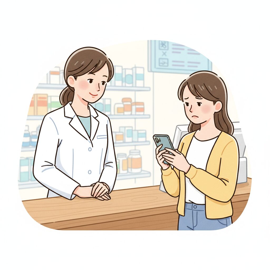 薬局の窓口で、スマートフォンの名前診断結果に悩む若い女性の話を優しく聞く日本人女性薬剤師のイラスト。患者に寄り添い、共感する様子を表す。