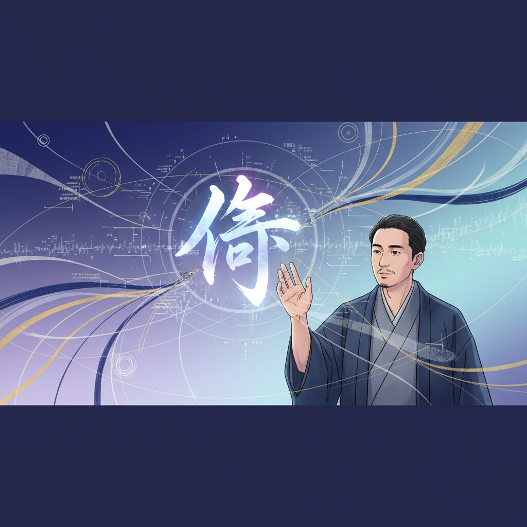 姓名判断の仕組みを表すイラスト。漢字の画数や意味が複雑に繋がり、個人の運勢を読み解く様子を抽象的に表現している。