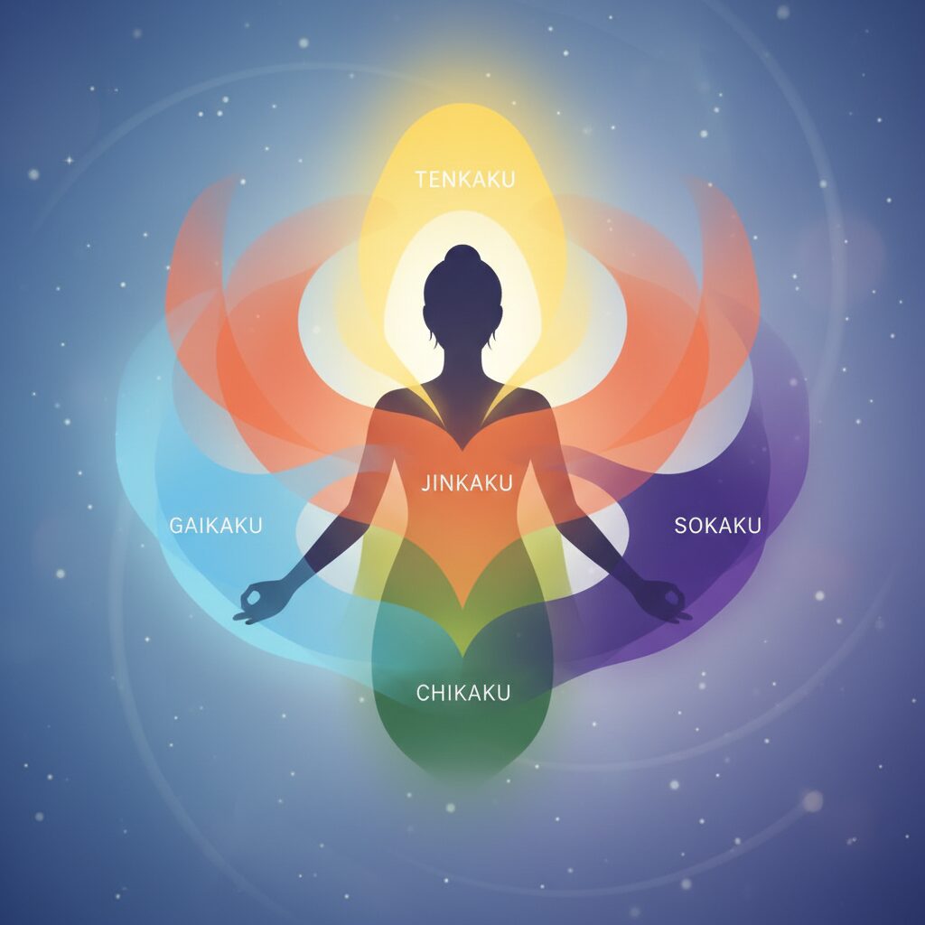 姓名判断の五格(天格、人格、地格、外格、総格)が、一人の人間の運勢や性格を多角的に構成する様子を表すイラスト。5つの要素が重なり合うイメージ。