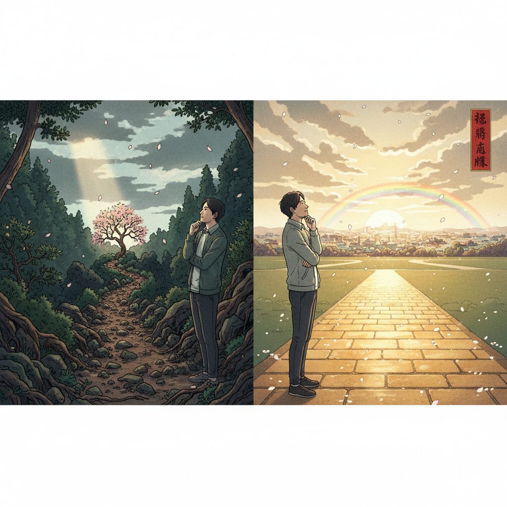 画数の吉凶に対する考え方を表現したイラスト。吉数と凶数という異なる道があり、凶数も成長の機会と捉える前向きな姿勢を日本人が示している。