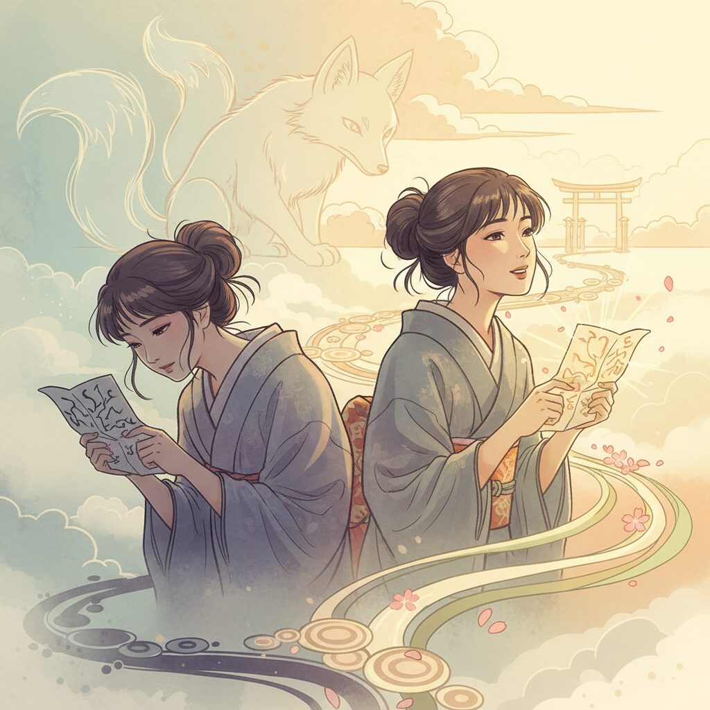 名前診断で悪い結果が出た時の考え方を表現したイラスト。最初は落ち込む日本人だが、前向きな視点に切り替えて、自身の未来を自分で決める強さを示す。