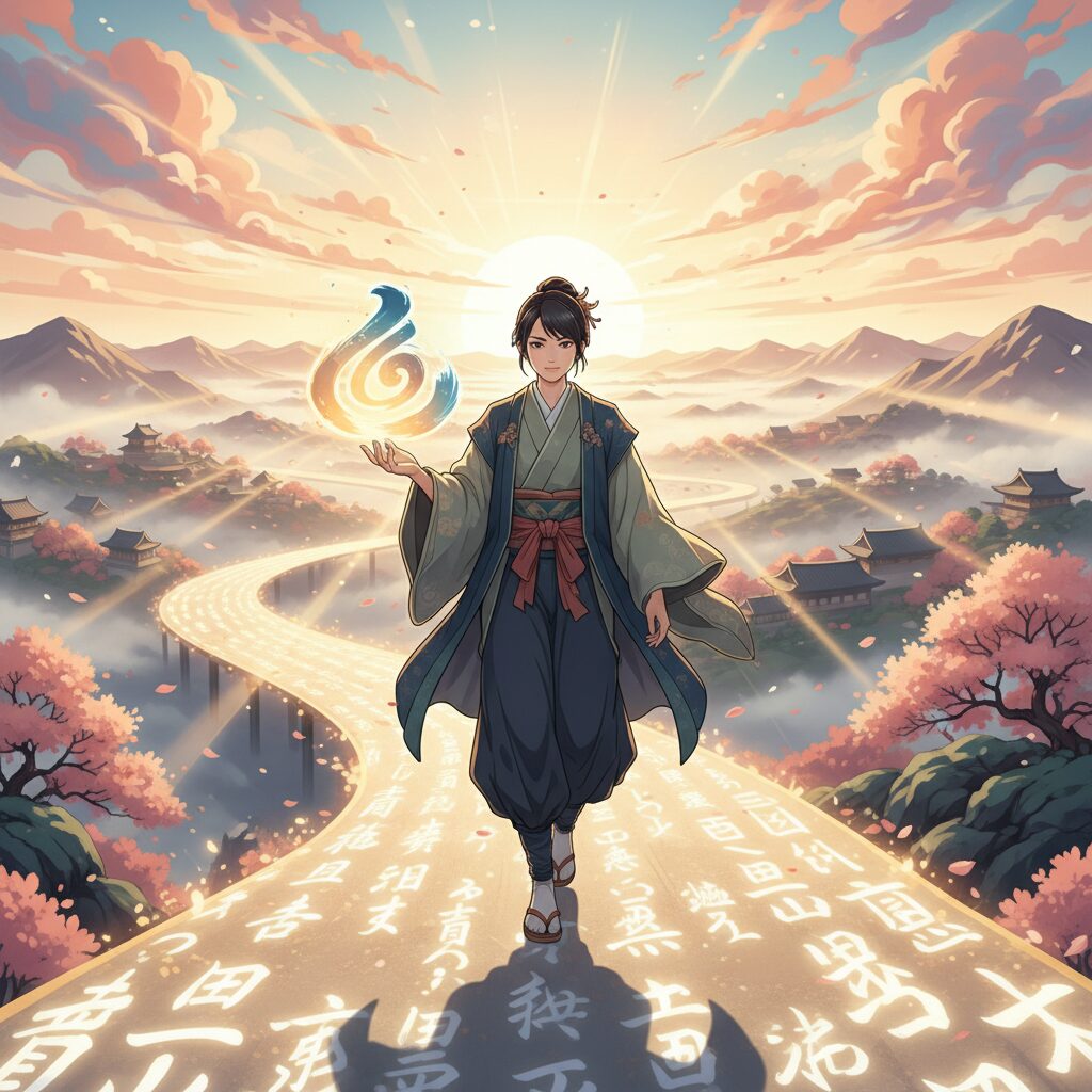 名前診断との心地よい付き合い方をまとめたイラスト。日本人が自分の名前を大切にし、診断結果に縛られずに自分らしく前向きに人生を歩む姿。