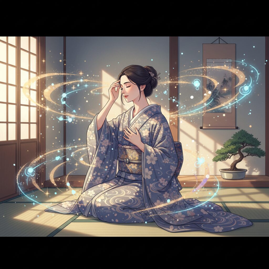 内省する日本人女性のイラスト。宇宙の知識や心の整理と繋がるイメージ。